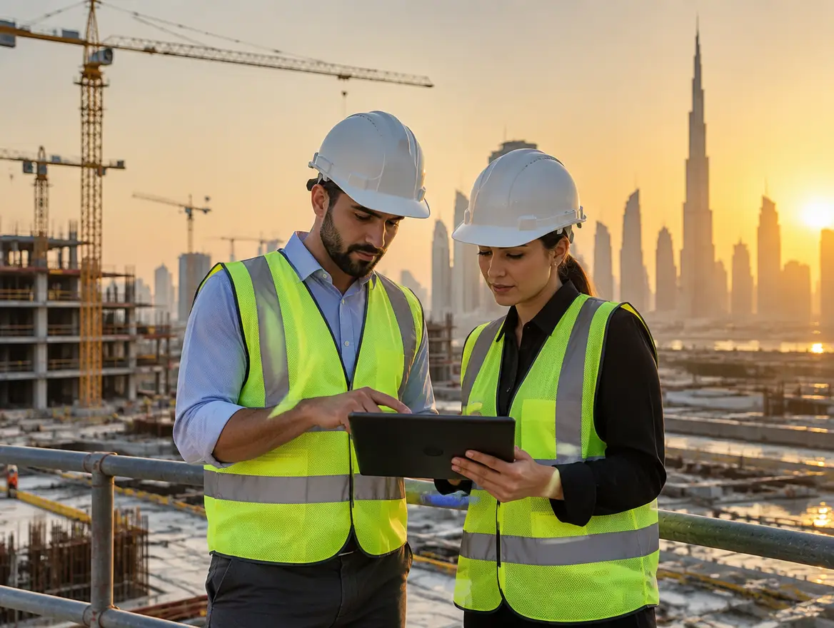 Construction engineers reviewing project plans on site