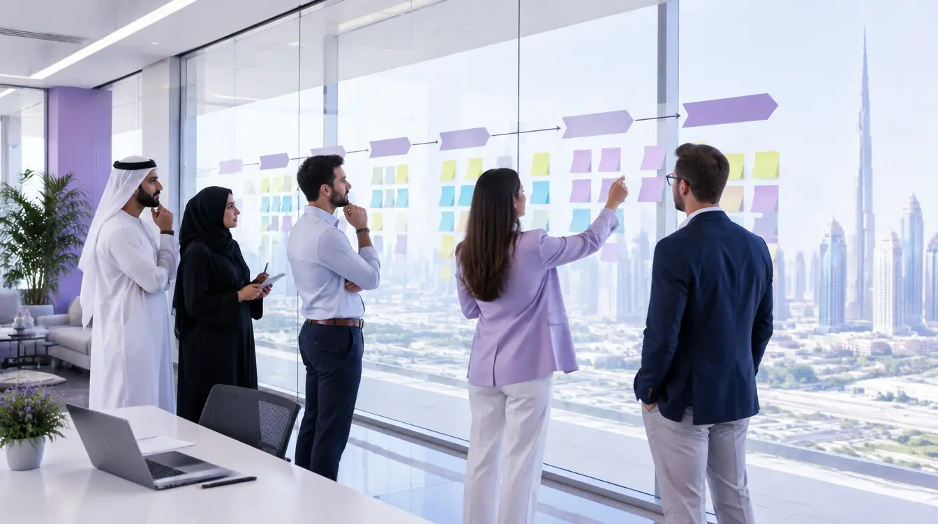 Team planning a phased project roadmap on a glass wall