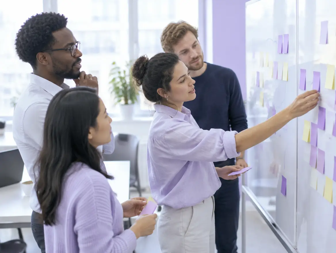 Team adapting a plan together at a whiteboard