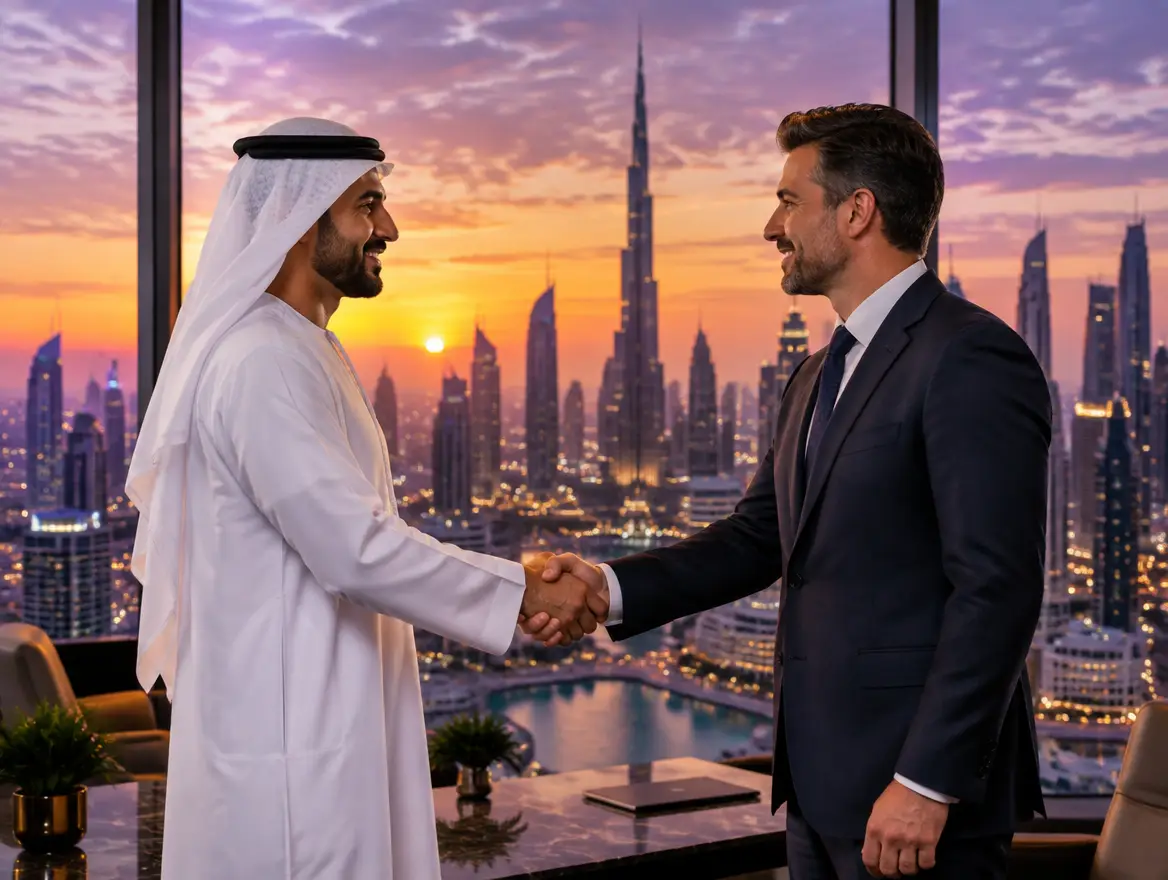 Business owner and consultant shaking hands with the Dubai skyline at sunset