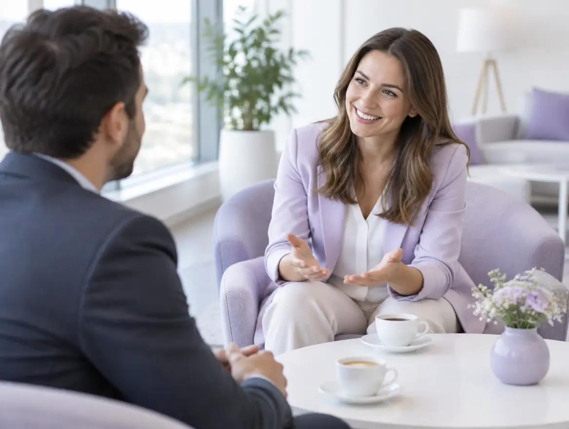 Consultant answering a client's questions in a meeting lounge