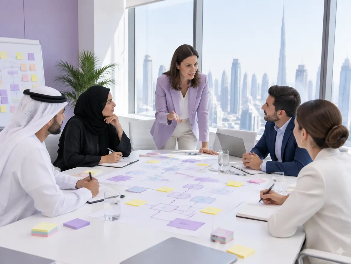 Consultant running a requirements workshop with a client team