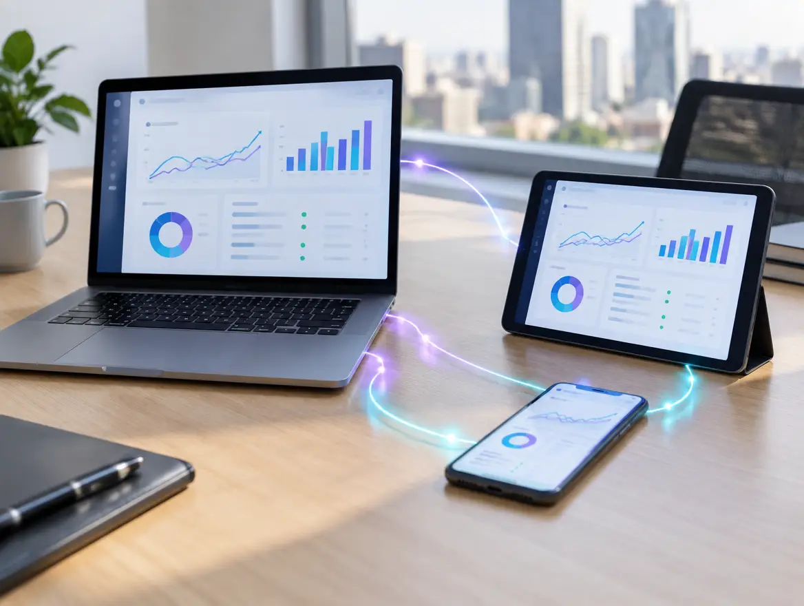 Laptop, tablet and phone sharing synchronised business data