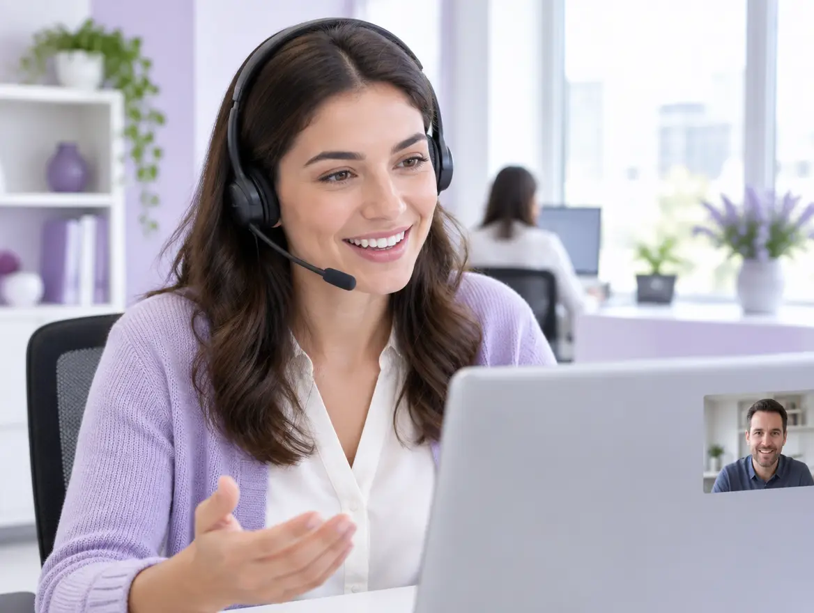 Support specialist helping a client on a video call