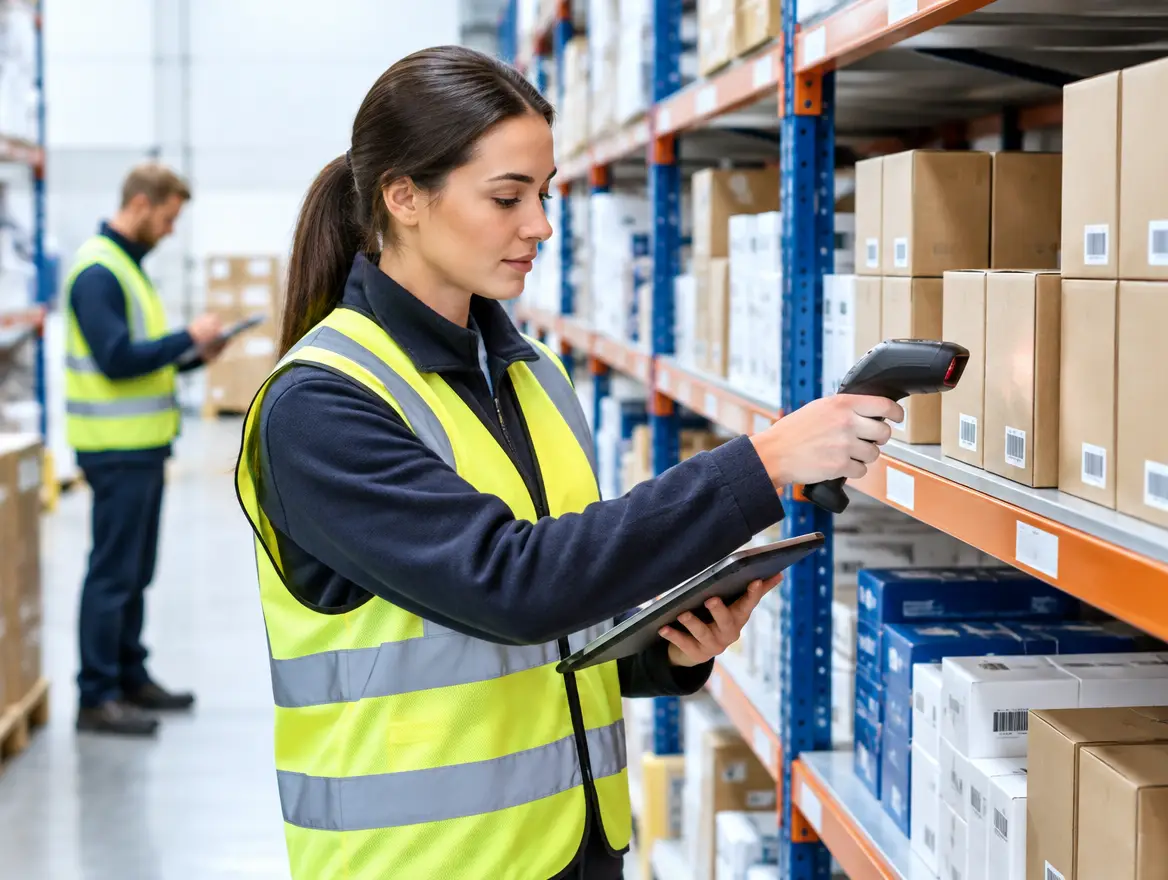 Warehouse staff counting stock with a barcode scanner