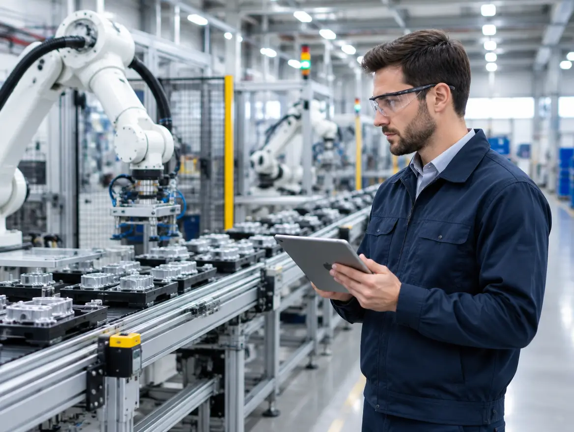 Engineer with a tablet beside an automated production line
