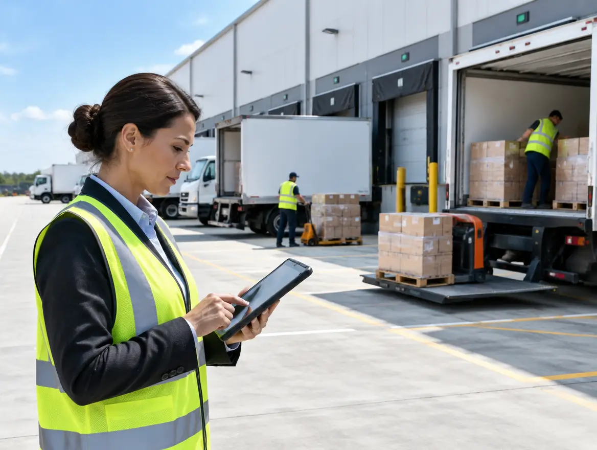 Supply chain manager checking shipments at a logistics hub