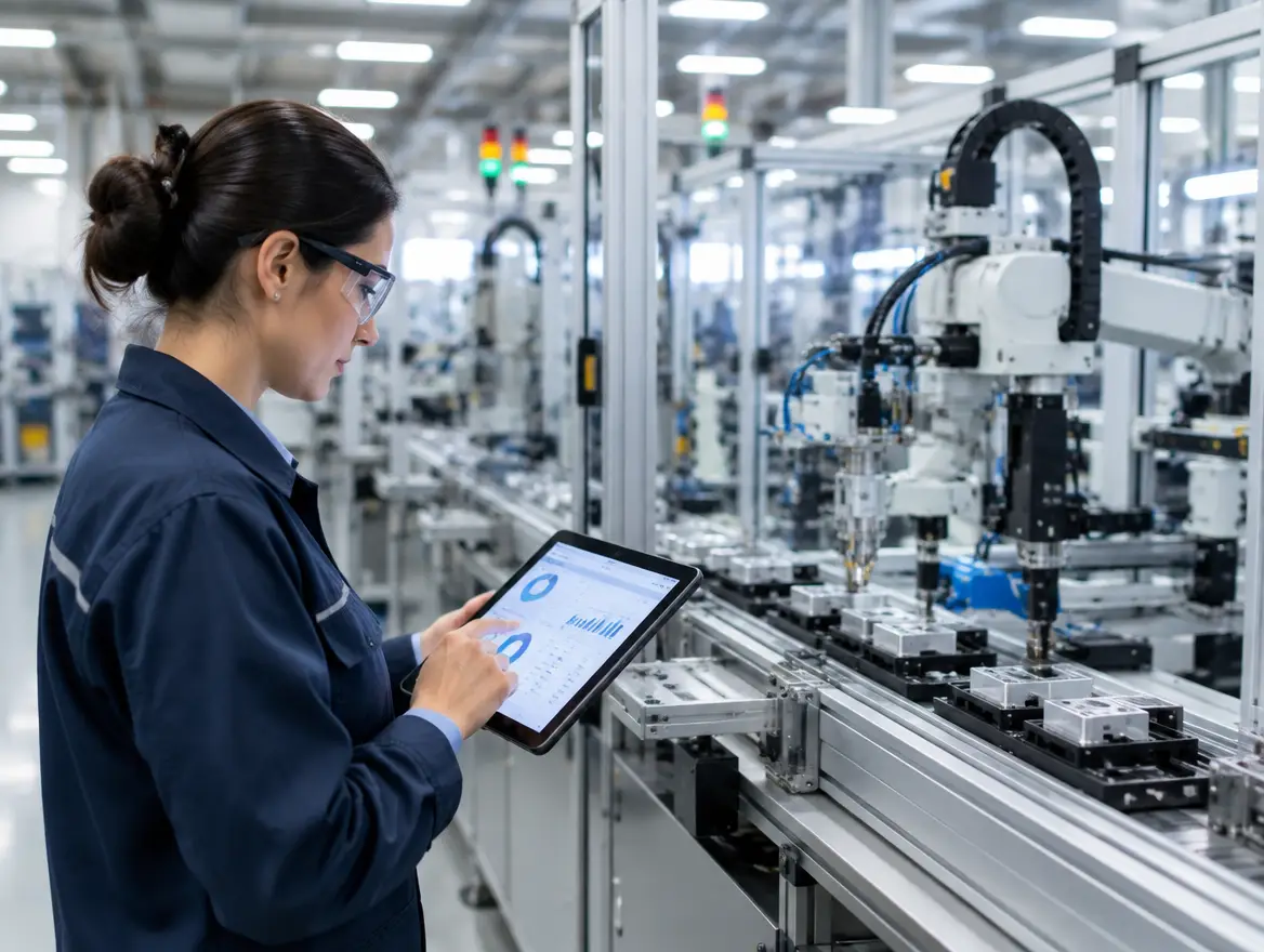 Engineer checking production data on a manufacturing line
