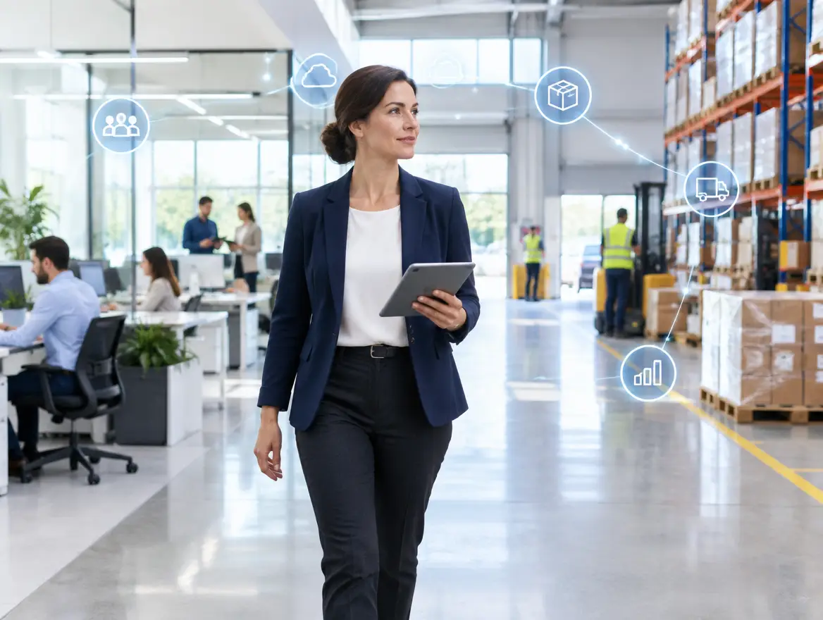 Operations manager with a tablet overseeing connected operations