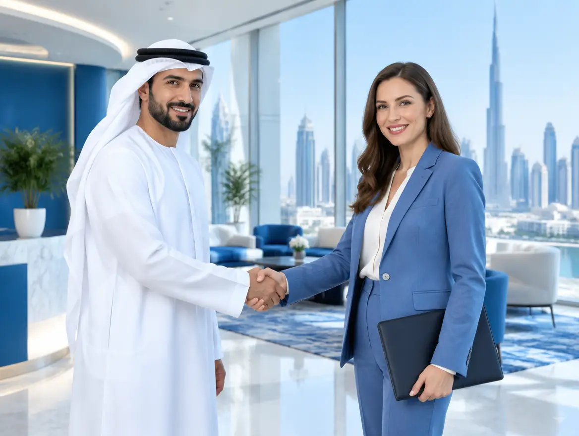 Business professionals shaking hands in a Dubai office
