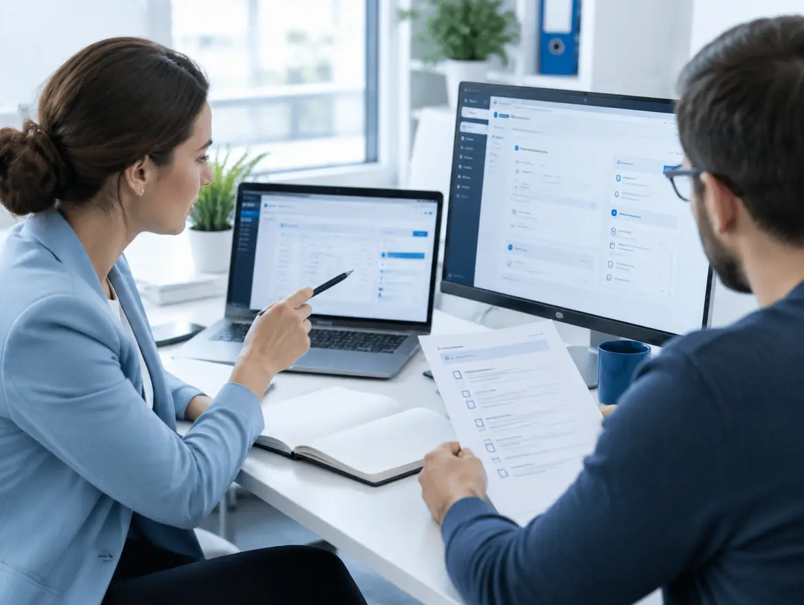 Consultant and developer at a desk comparing standard software screens against a written requirement list
