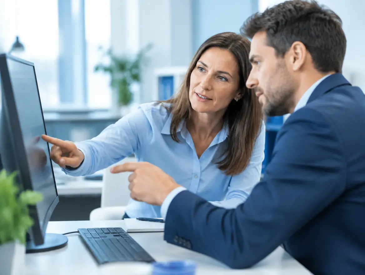 Long-time staff member showing a consultant how they currently use their system