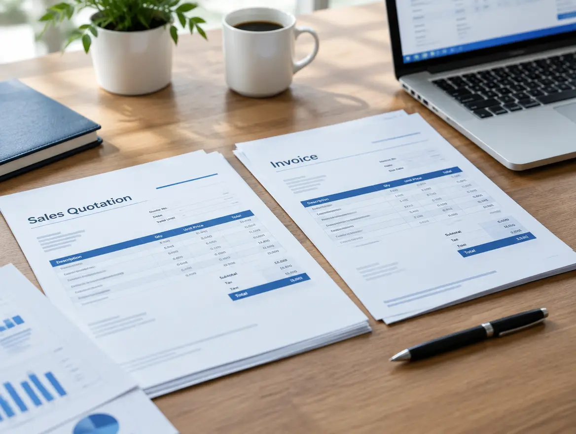 Printed branded sales quotations and invoices laid out neatly on a desk beside a laptop