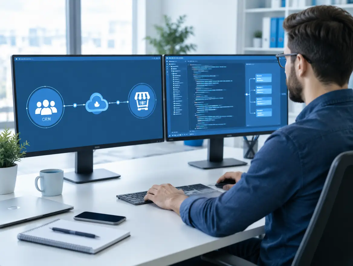 Engineer connecting CRM and online store applications on dual monitors