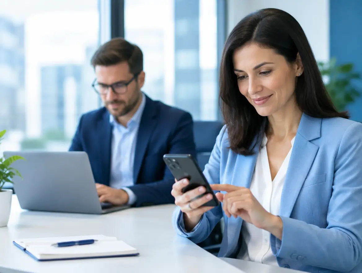 Manager approving a purchase request on a smartphone while a colleague submits it on a laptop