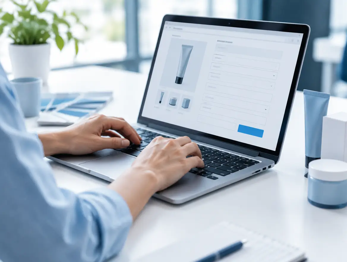 Close-up of hands entering product details into a form on a laptop
