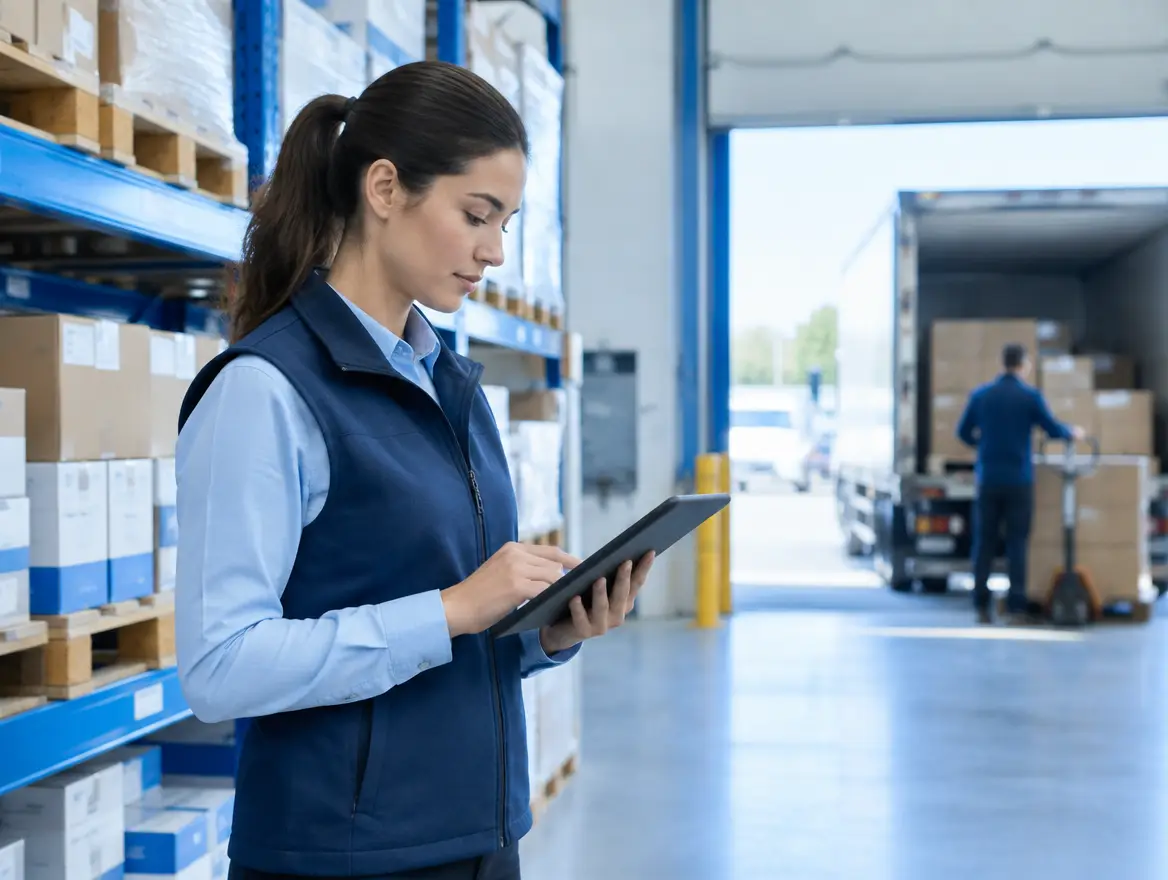 Trading company staff checking stock levels on a tablet beside shelves of boxed goods and a loading dock