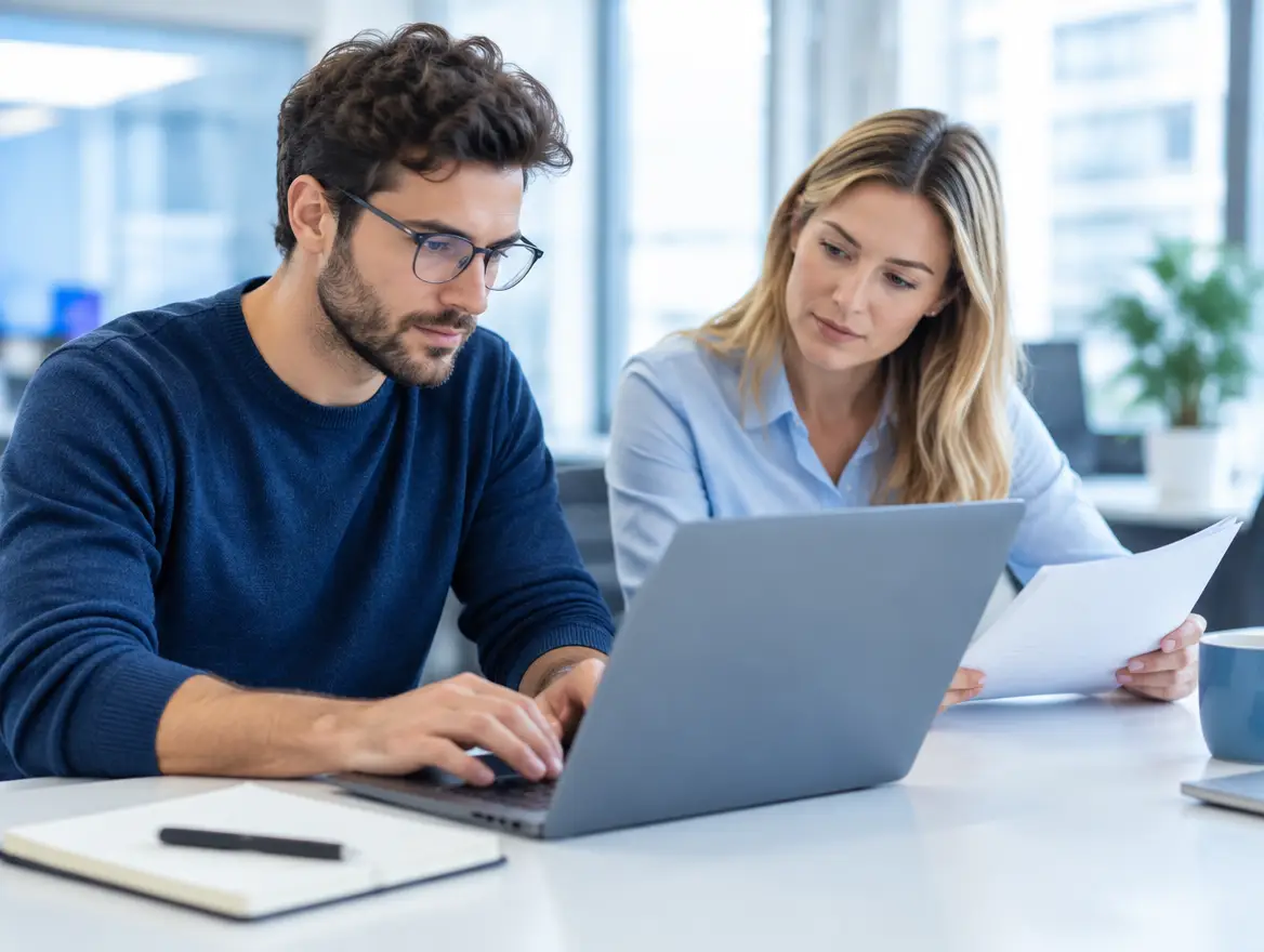 Developer writing an extension on a laptop while a business analyst reviews requirements beside them