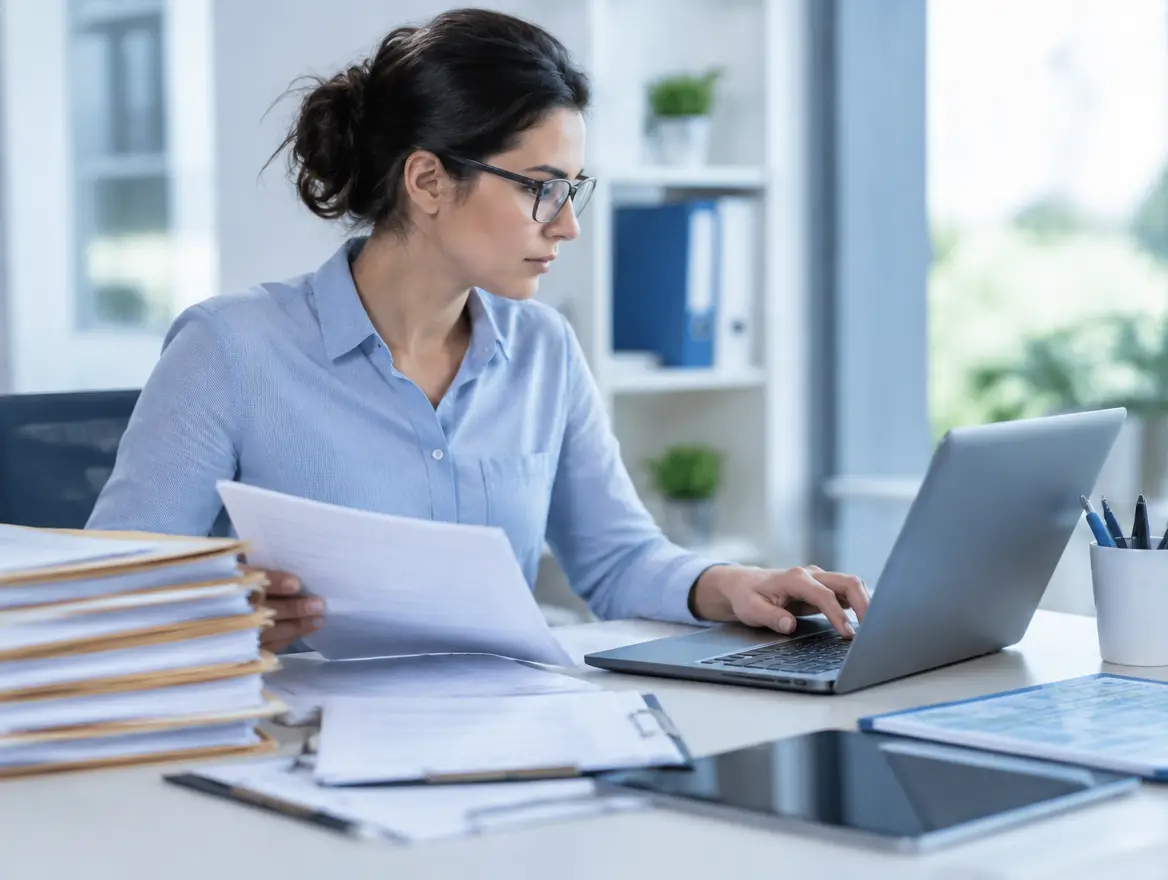 Data specialist moving information from old paper files and spreadsheets into a modern system on a laptop
