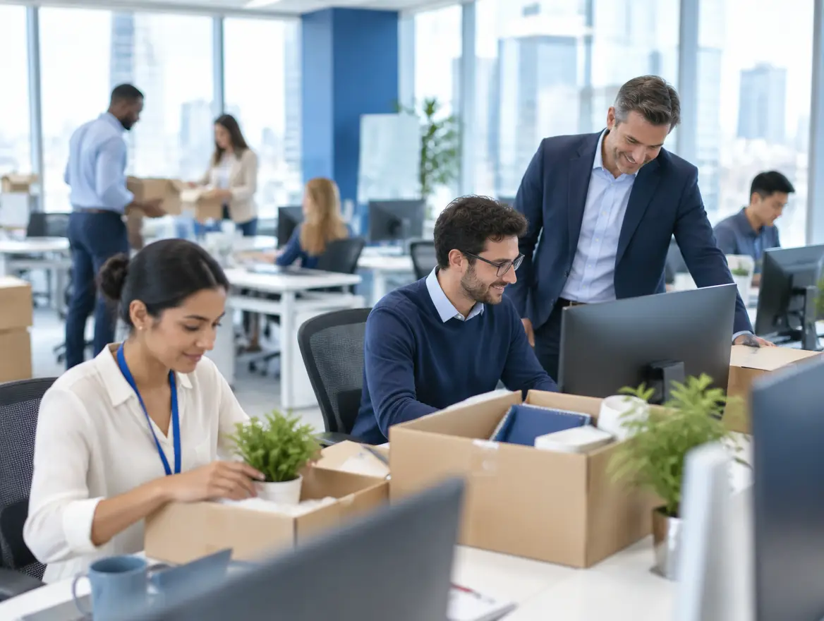 Busy expanding office with new employees at desks and a manager overseeing growth