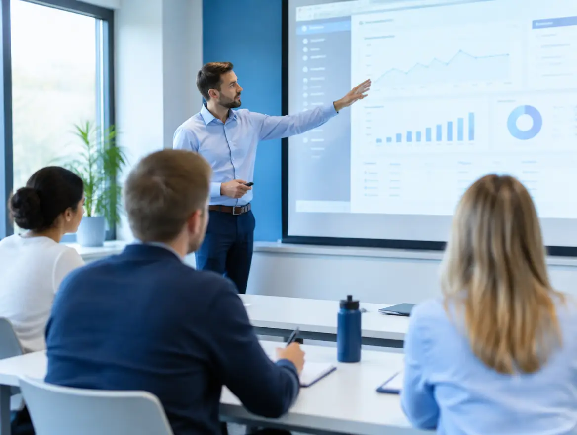 Trainer demonstrating software on a projector to employees taking notes in a training room