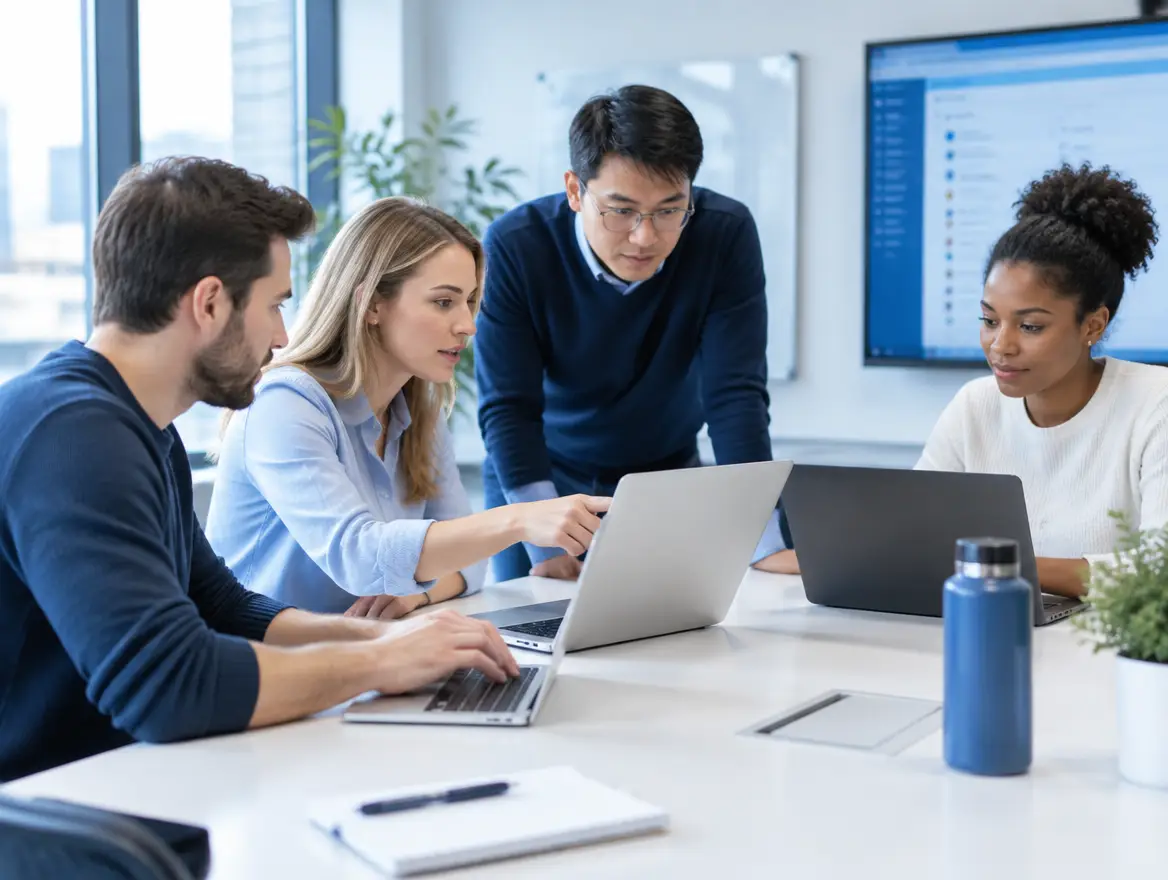 Implementation team configuring business software together on laptops in a project room