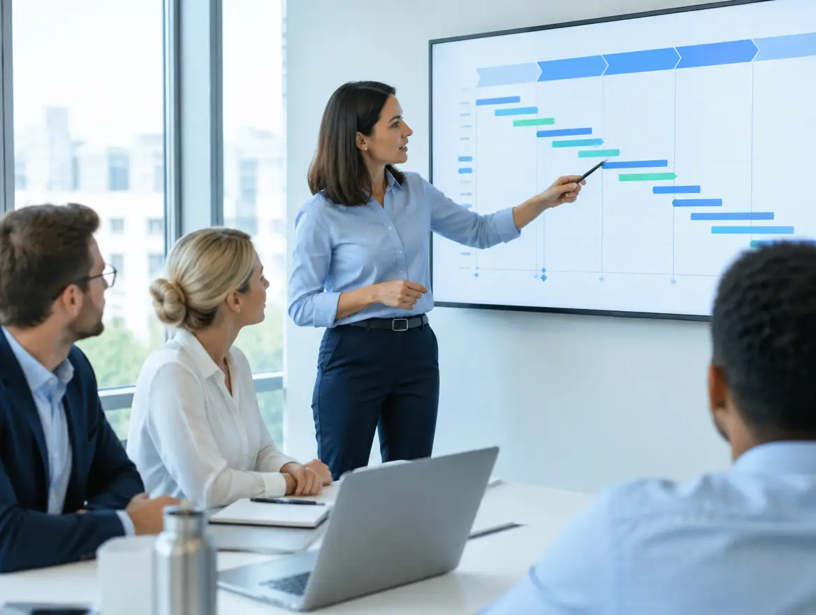 Project manager pointing at a phased project plan on a wall screen with the team following along