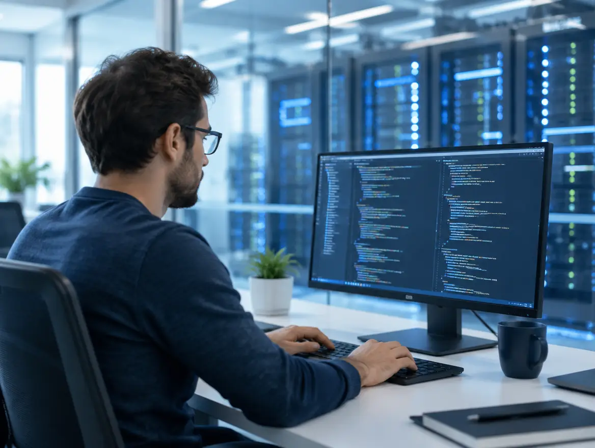Software engineer working on API code on a monitor
