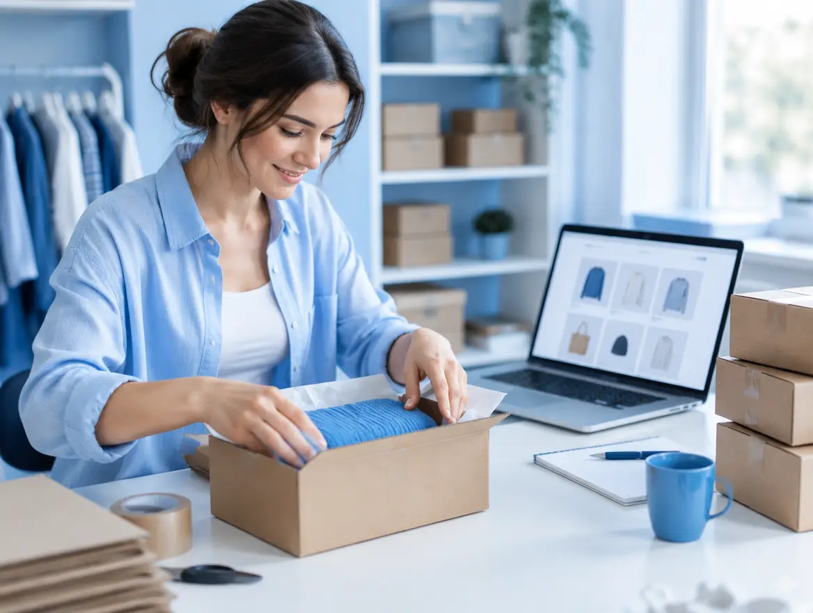 Online store owner packing an order next to a laptop showing an e-commerce shop