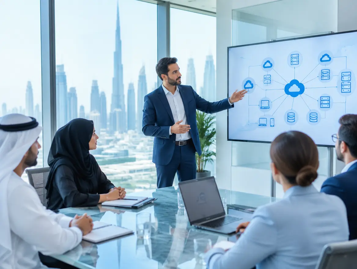 Integration consultant presenting a connected-systems plan to a client team in a glass meeting room