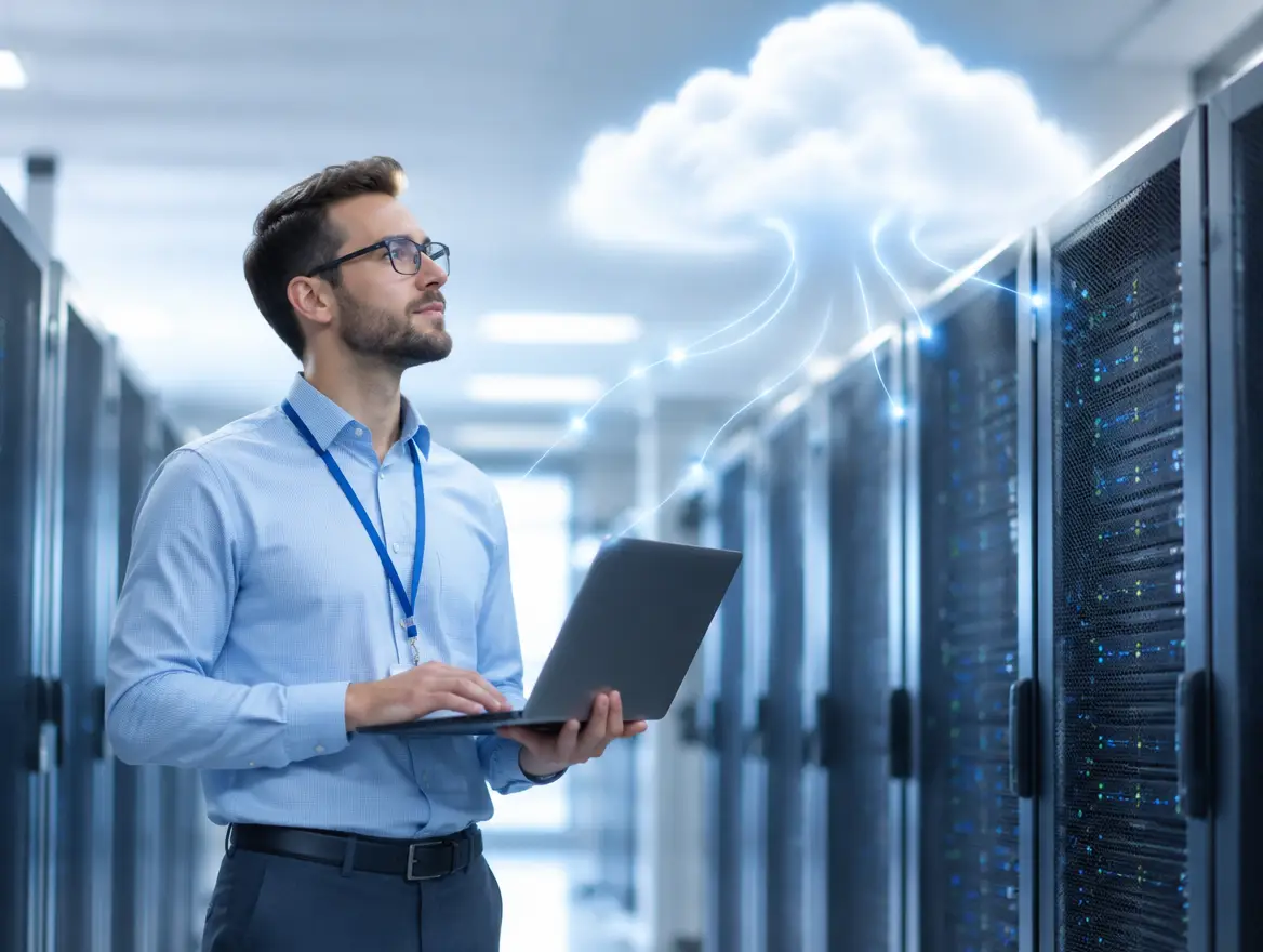 IT specialist in a server room holding a laptop