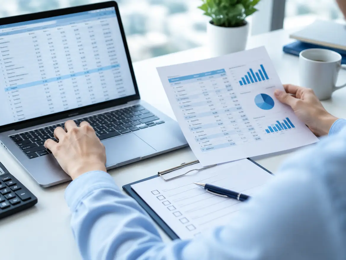 Accountant cross-checking balances on a laptop against a printed report with a checklist