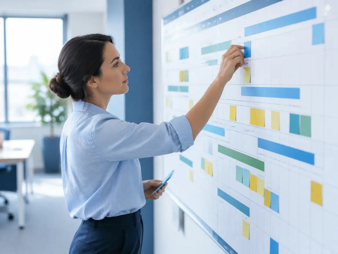 Project coordinator aligning migration and implementation timelines on a large wall calendar