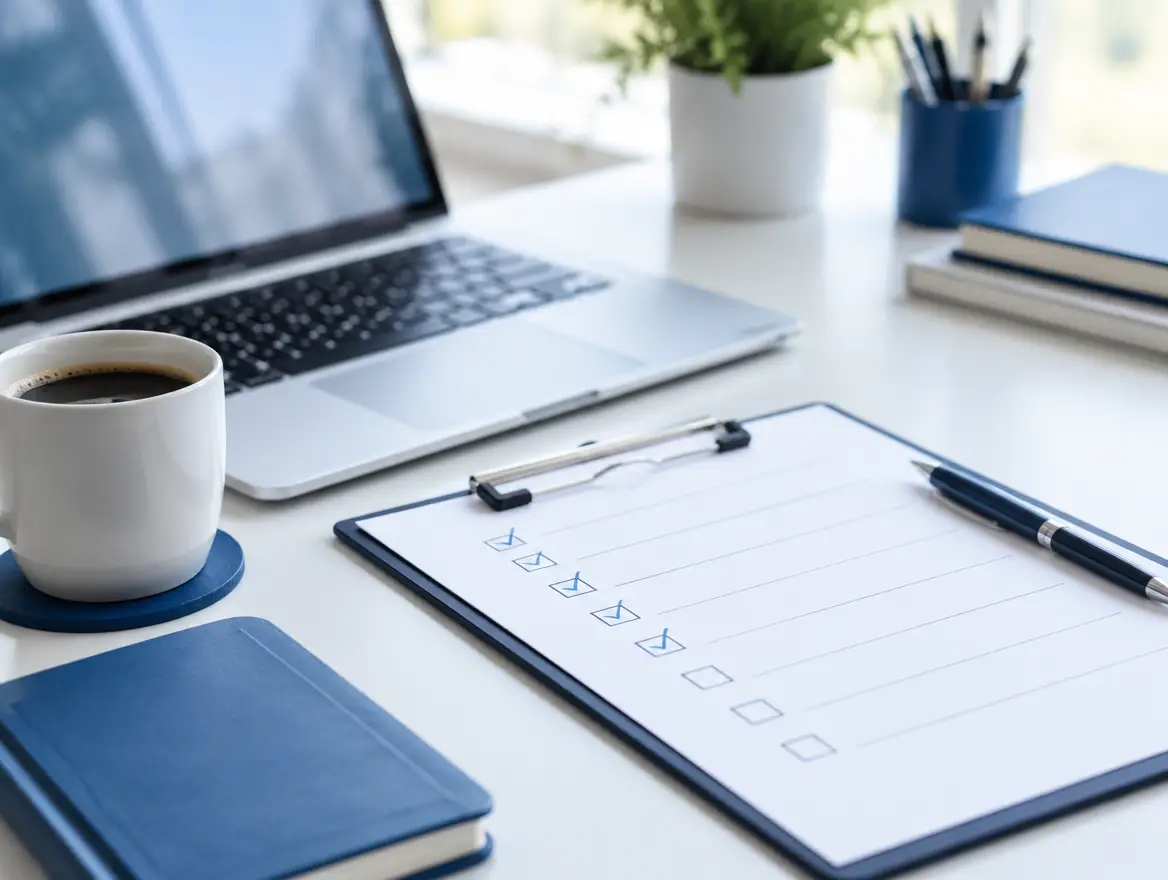 Neatly organised desk with a migration checklist