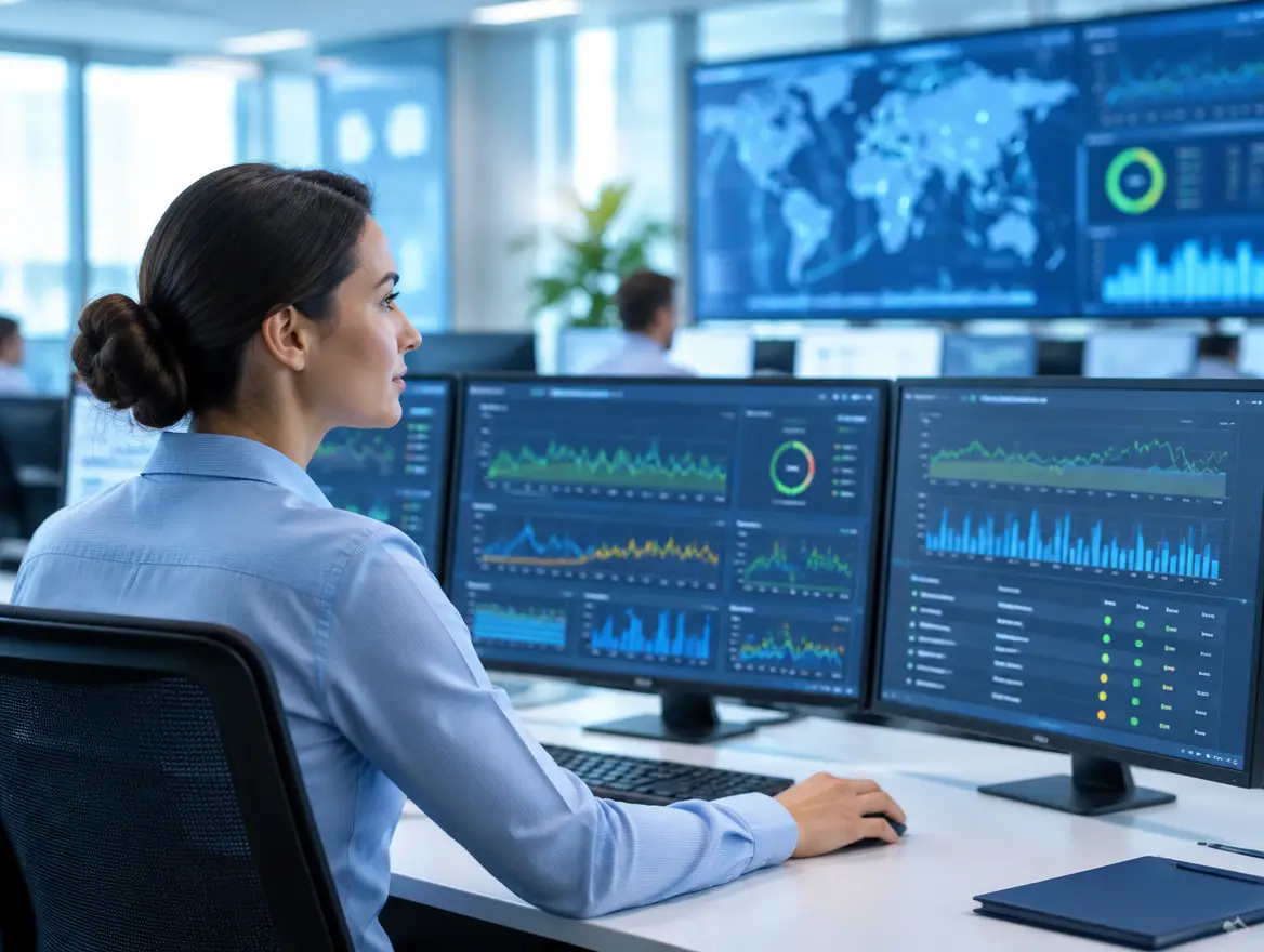 Operations centre with monitoring screens showing system health graphs