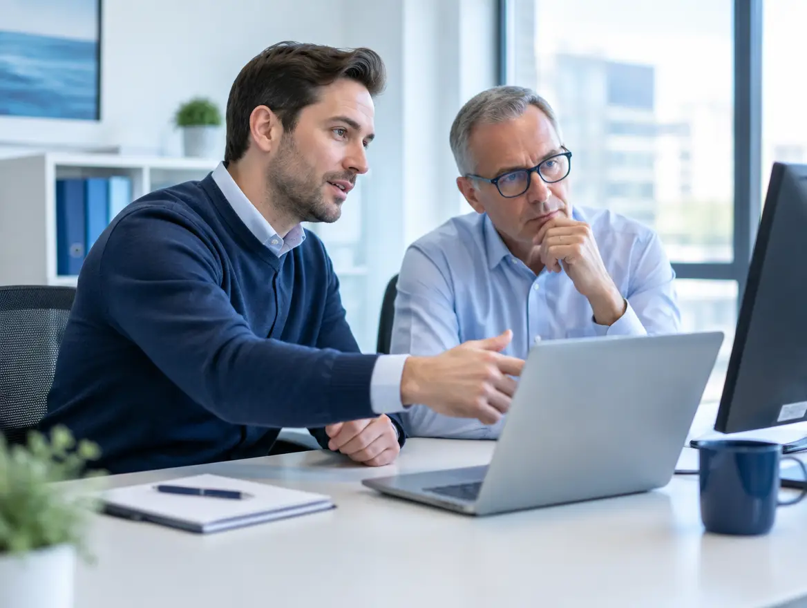 Support engineer reviewing an inherited system setup with a long-time client in their office