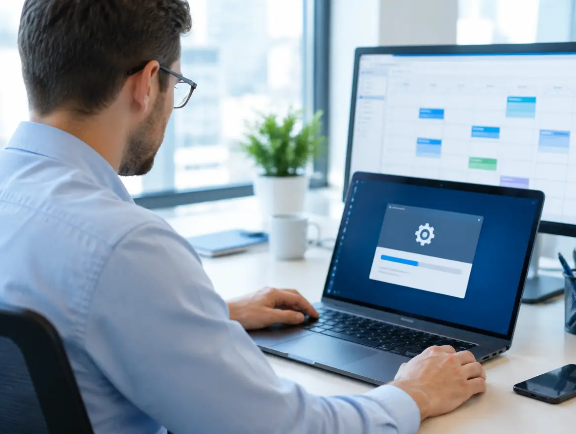 IT administrator scheduling a software update on a laptop