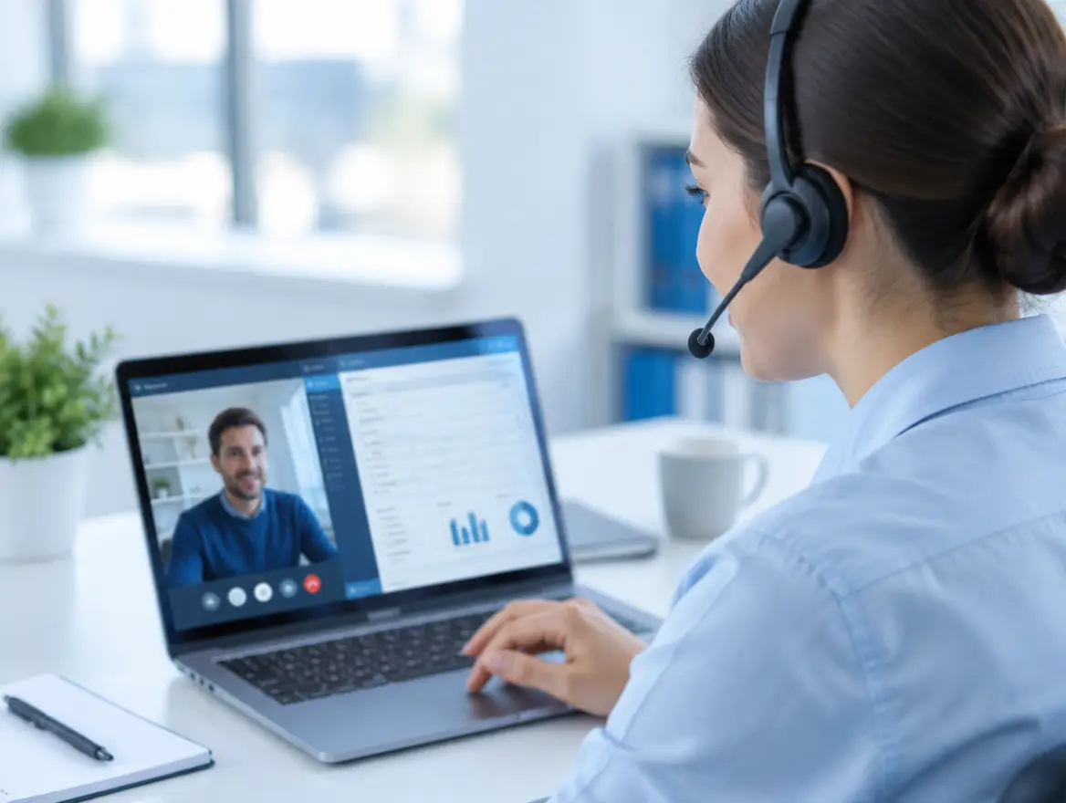 Support consultant with a headset helping a client remotely