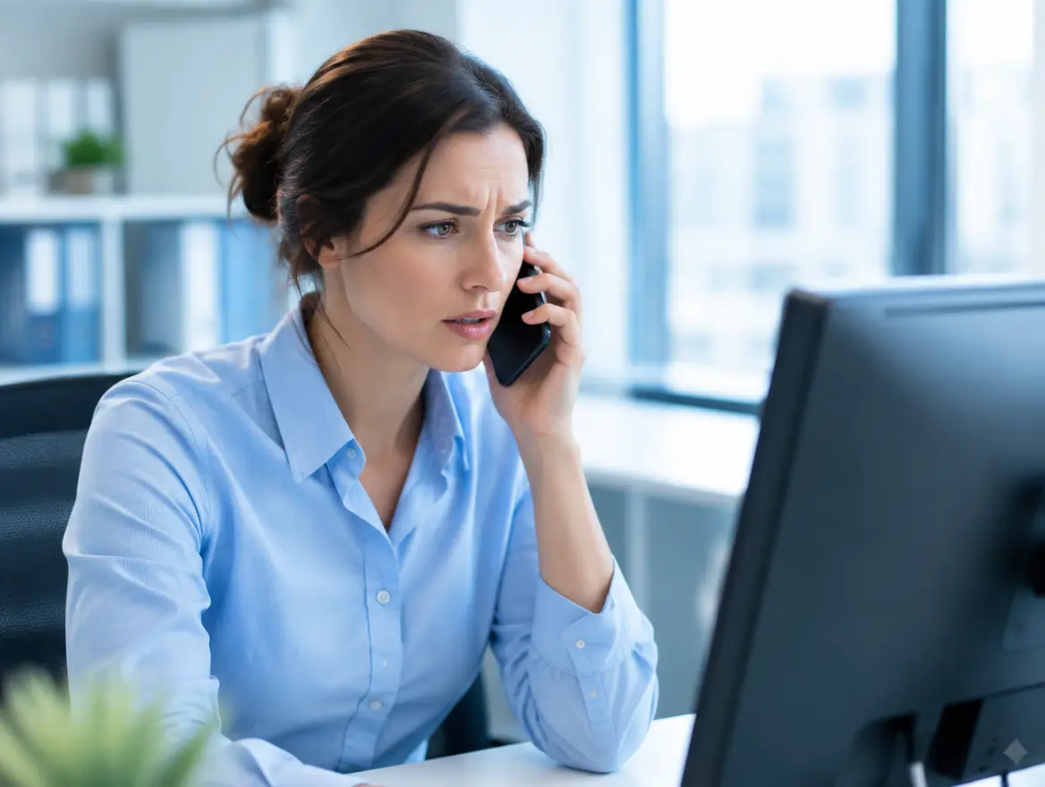 Office employee calling a support consultant after noticing an issue on screen