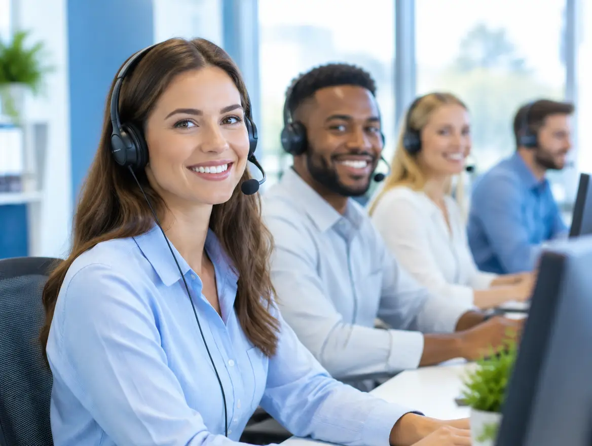 Friendly support team at their desks with headsets