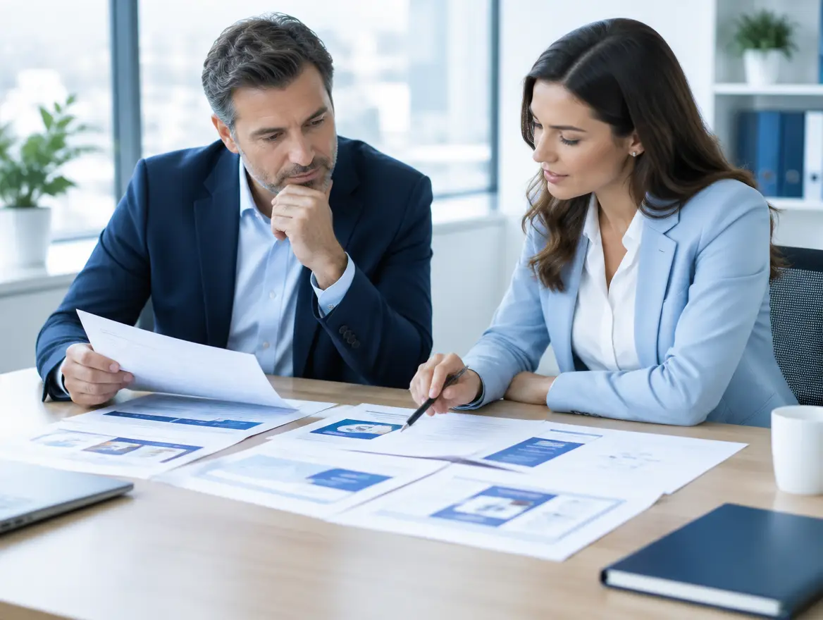 Business owner comparing several software options printed as proposals on a desk with a consultant