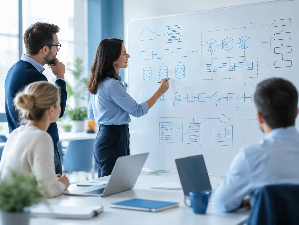 Architect-style solution design session with diagrams