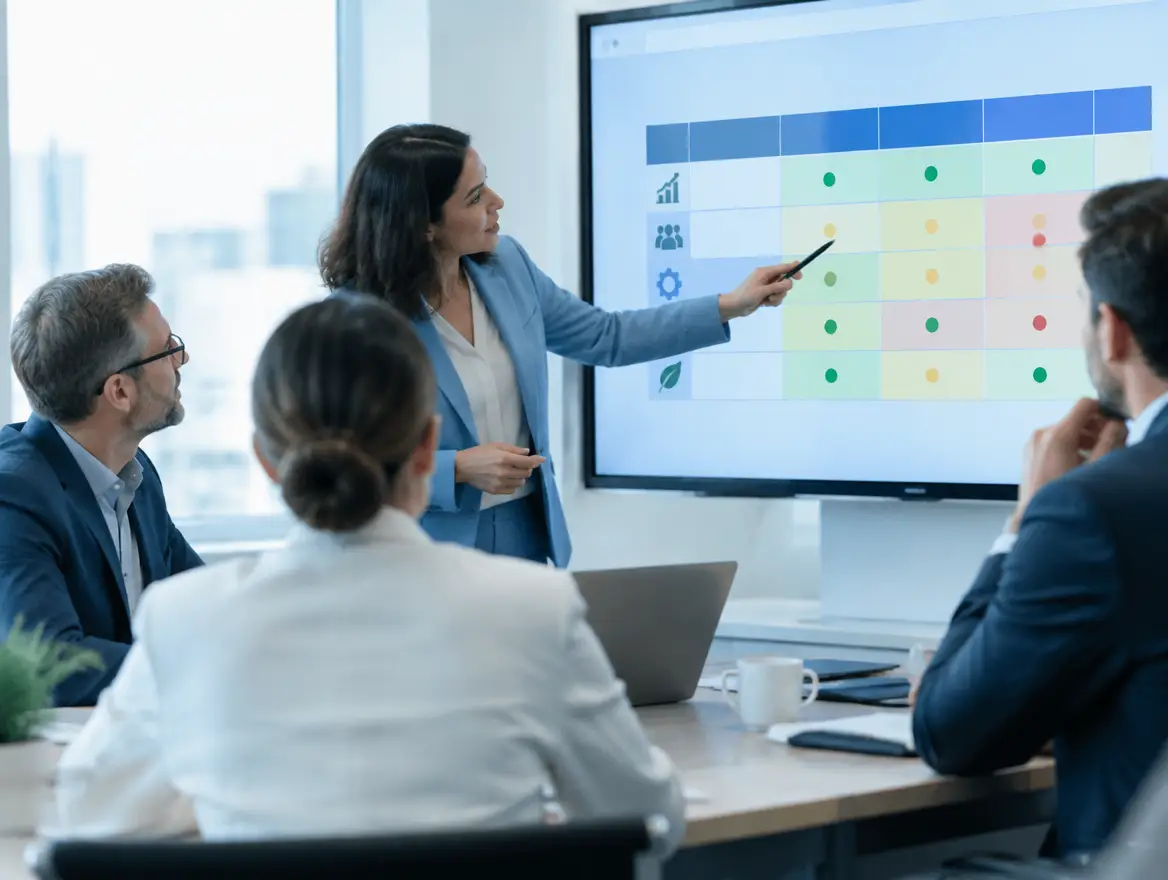 Leadership team reviewing a decision matrix on a screen before approving a project