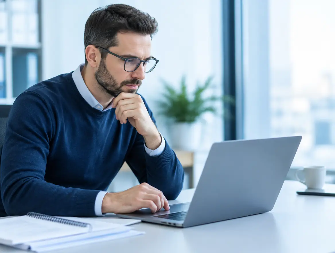 IT lead reviewing technical documentation and version notes for custom features on a laptop