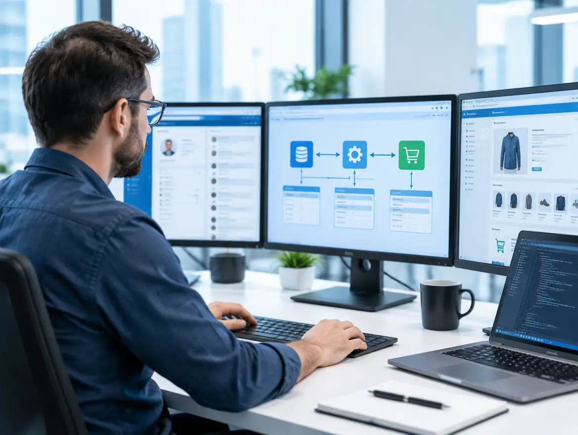 Engineer connecting ERP with CRM and online store systems