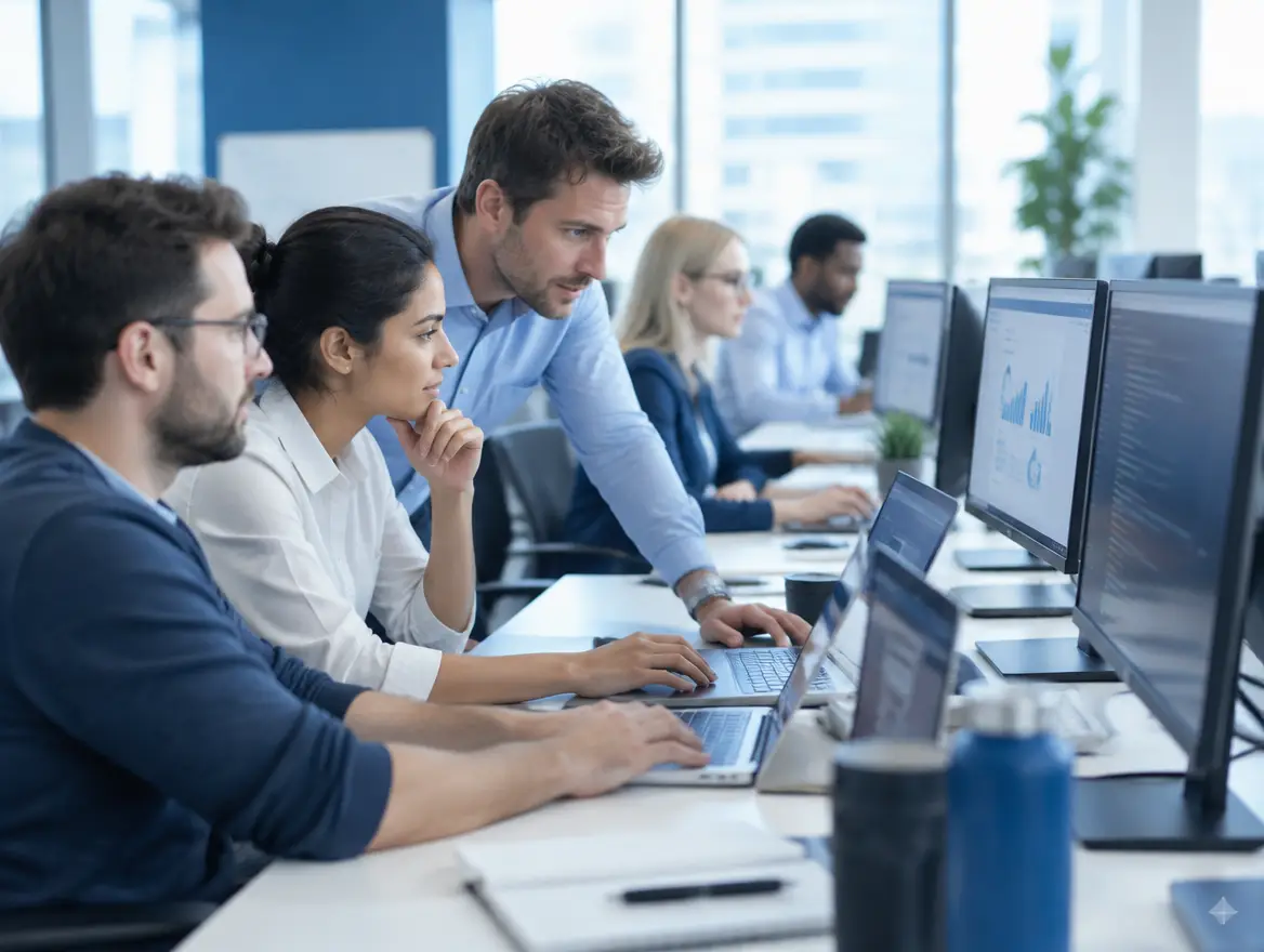 Team of developers and analysts working together at a long desk on business application screens