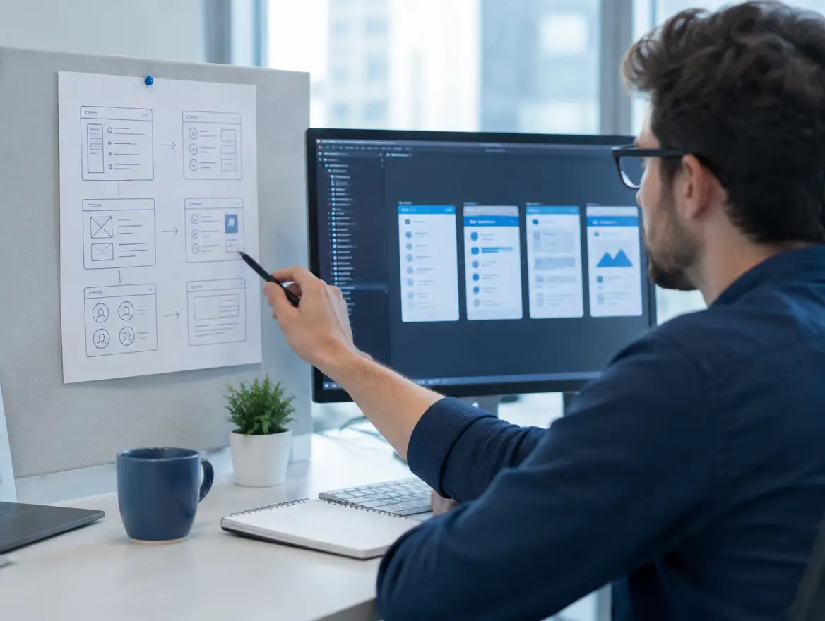 Developer tailoring software screens to match a paper process sketch pinned beside the monitor