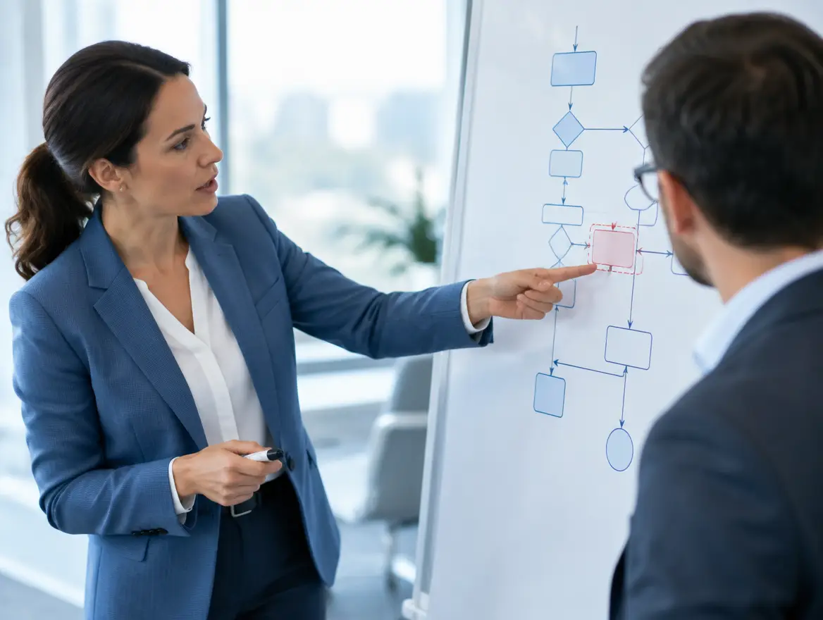 Manager pointing at a critical process gap on a flowchart while a consultant listens
