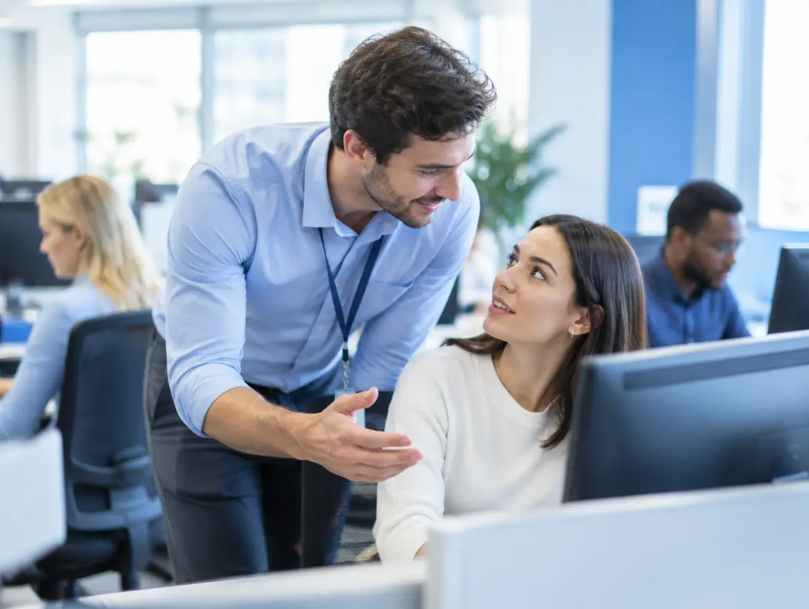 Helpful consultant supporting users on the floor after a system launch