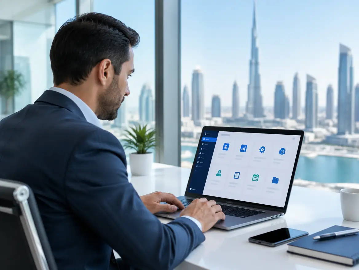 Consultant configuring business management software modules on a laptop in a Dubai office